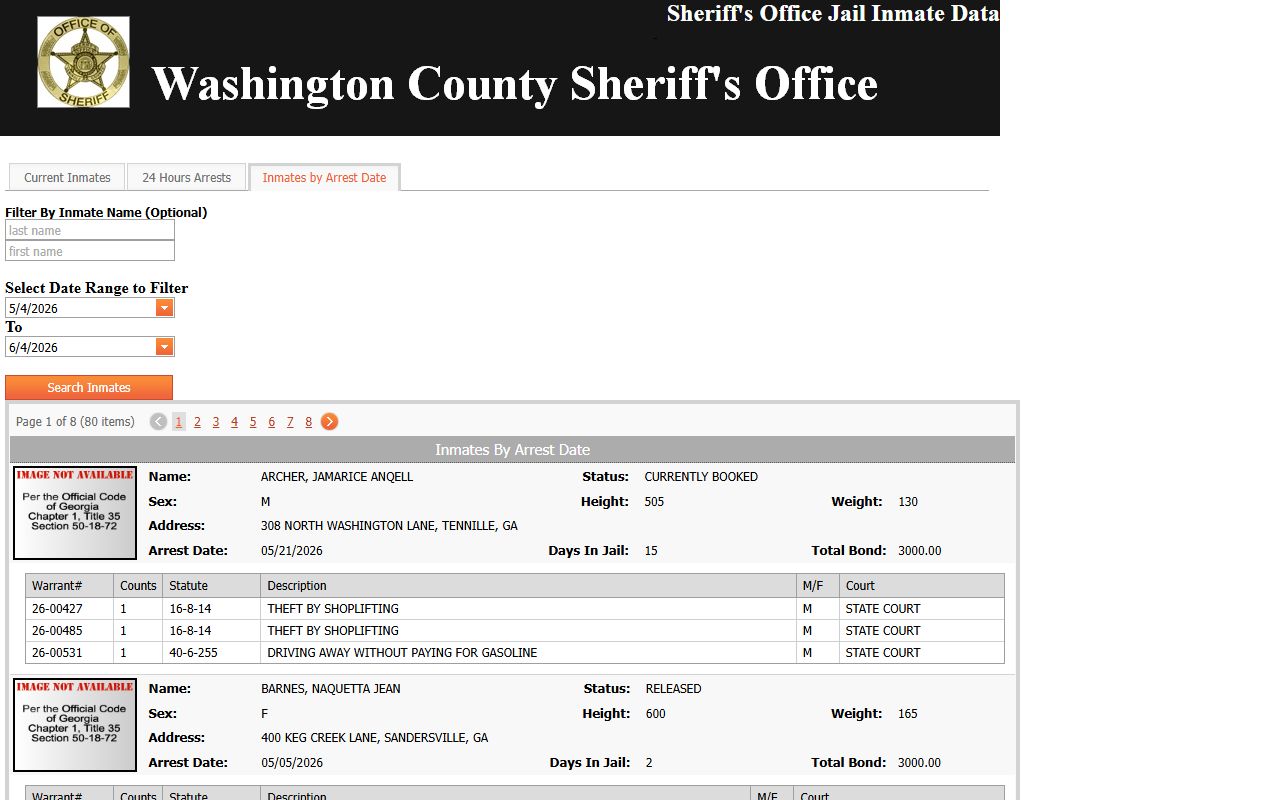 Washington County inmate population arrest date roster search